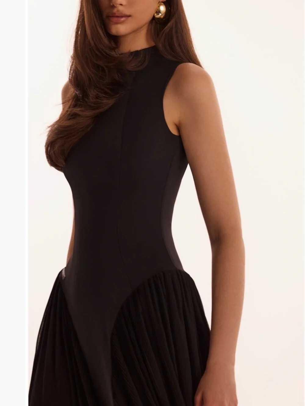 Black Tie Mock Neck Black Maxi Dress with Pleated Panels Formal Wedding Guest - Picture 4 of 7